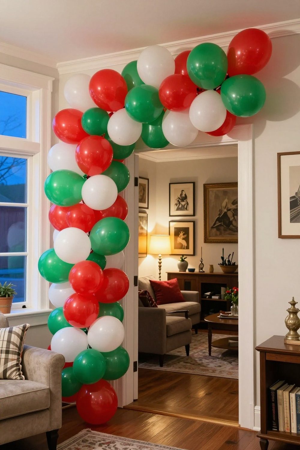 Red, white and green balloon garland arching over a doorway at a Christmas party
