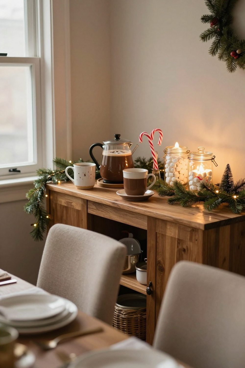 Hot cocoa bar with mugs, marshmallows, candy canes and whipped cream on a wooden sideboard