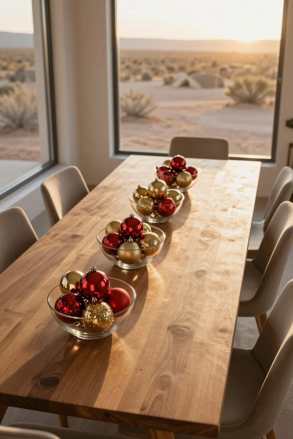 Glass bowls filled with red and gold Christmas ornaments as table centerpieces