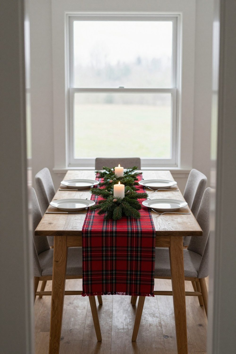 Christmas party dining table with a plaid runner, greenery and battery candles