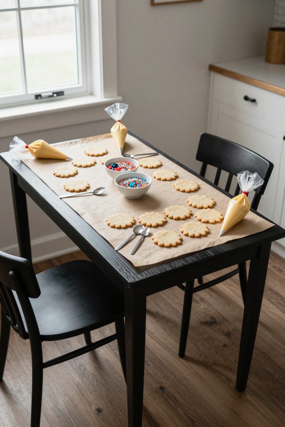 Cookie decorating station with plain sugar cookies, bowls of icing and sprinkles