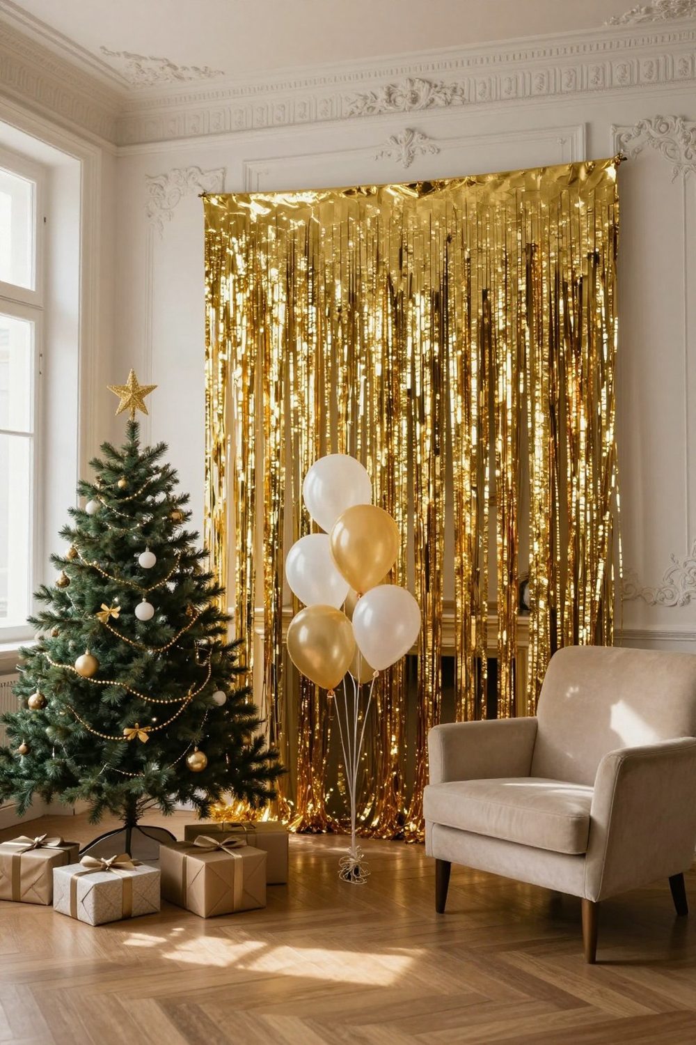 Glittering tinsel curtain photo backdrop with balloons and a small decorated tree
