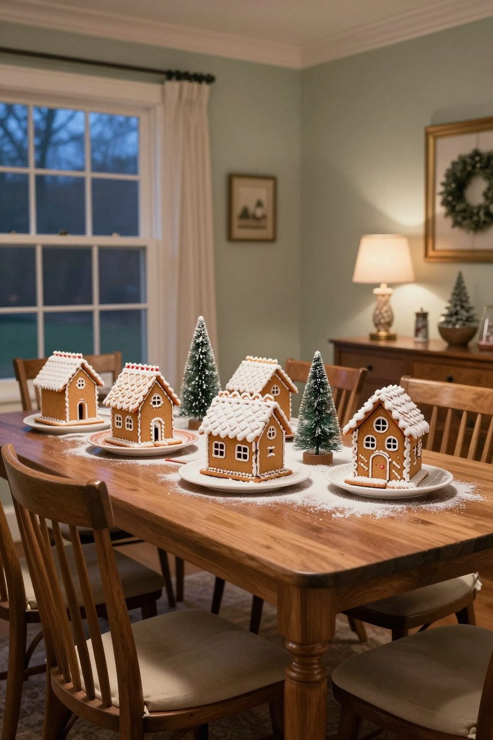 Gingerbread houses displayed on a table with cake stands and snowy sugar