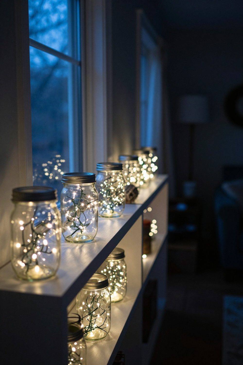Mason jars filled with battery fairy lights lining a staircase or shelf at a party