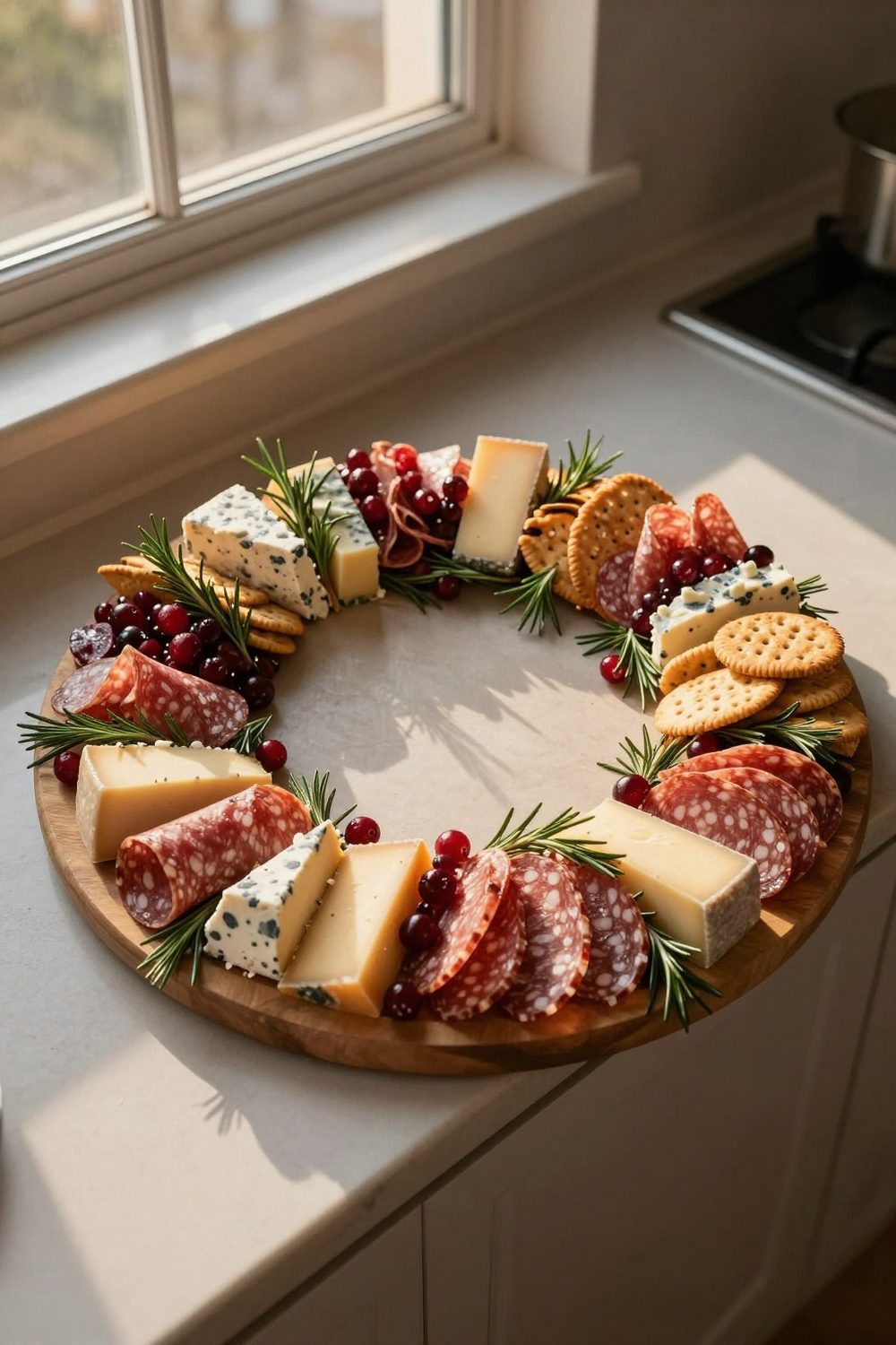 Wreath-shaped charcuterie board with cheese, salami, rosemary and cranberries