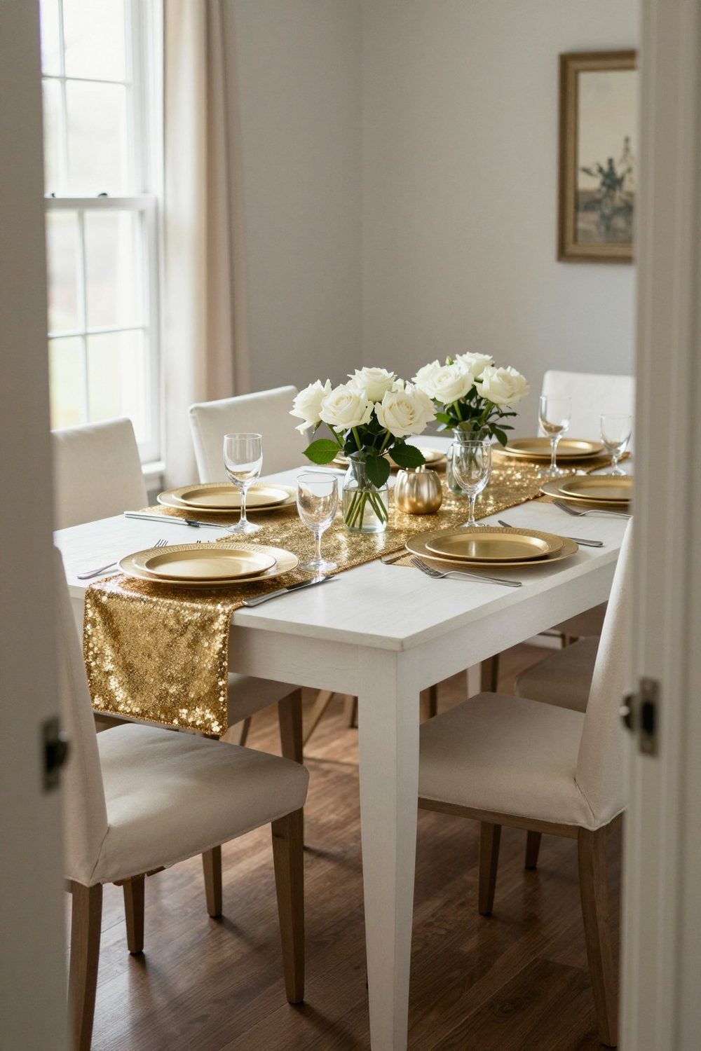 Gold and white glam Christmas party table with sequin runner, gold chargers and white flowers