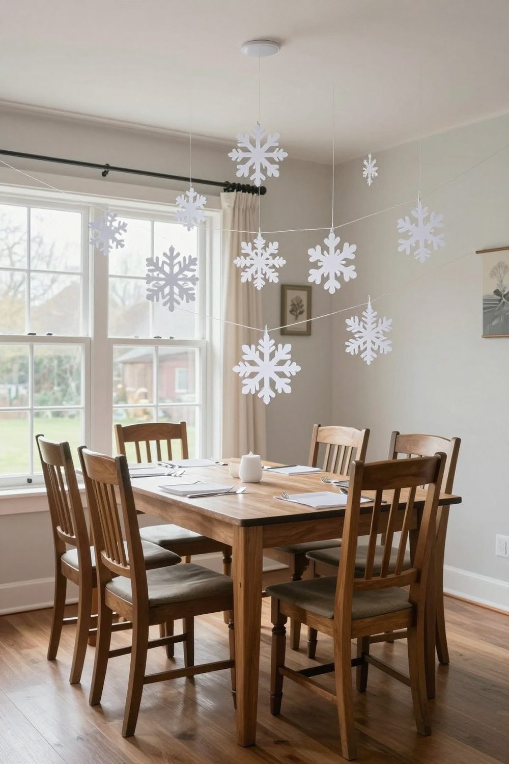 White paper snowflakes hanging on strings at different heights over a party table