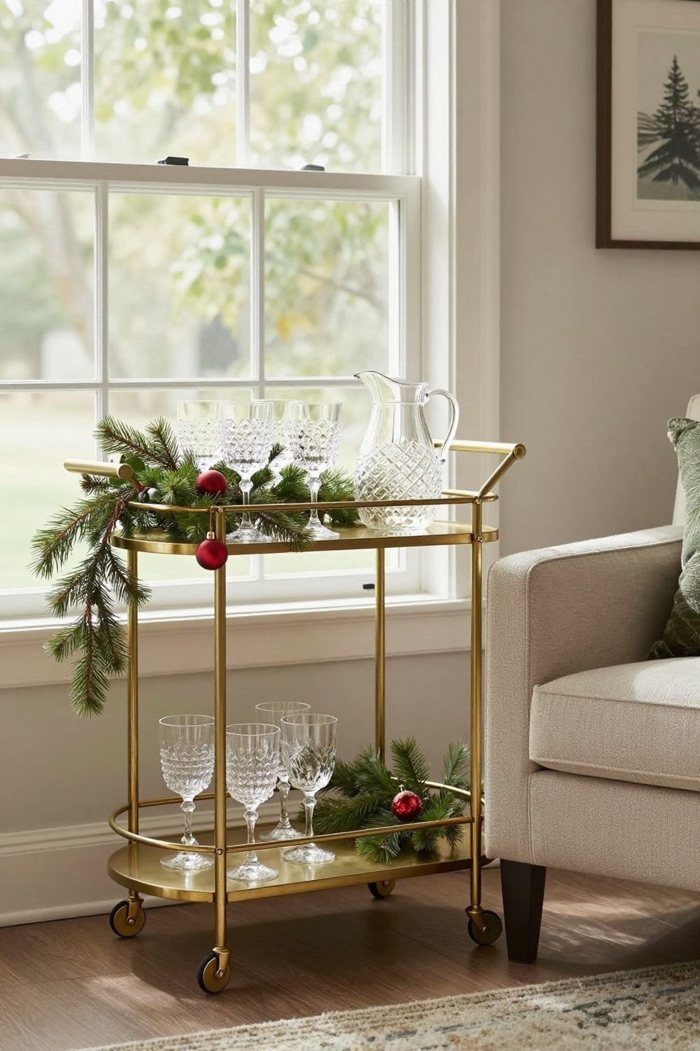 Holiday bar cart with glasses, a punch bowl, greenery and small ornaments