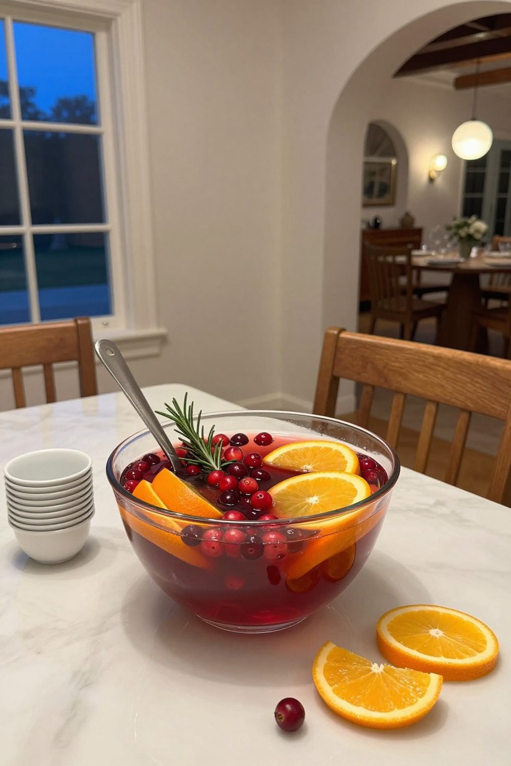 Punch bowl with cranberries, orange slices and rosemary sprigs floating in it