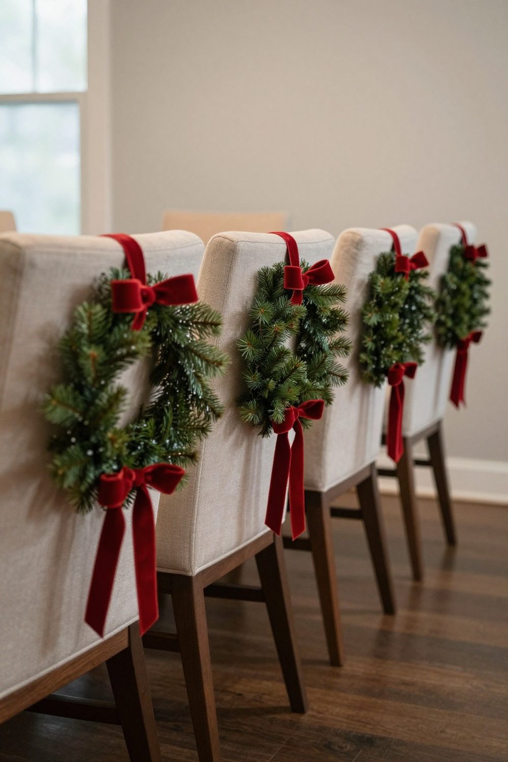 Small evergreen wreaths tied with ribbon on the backs of dining chairs