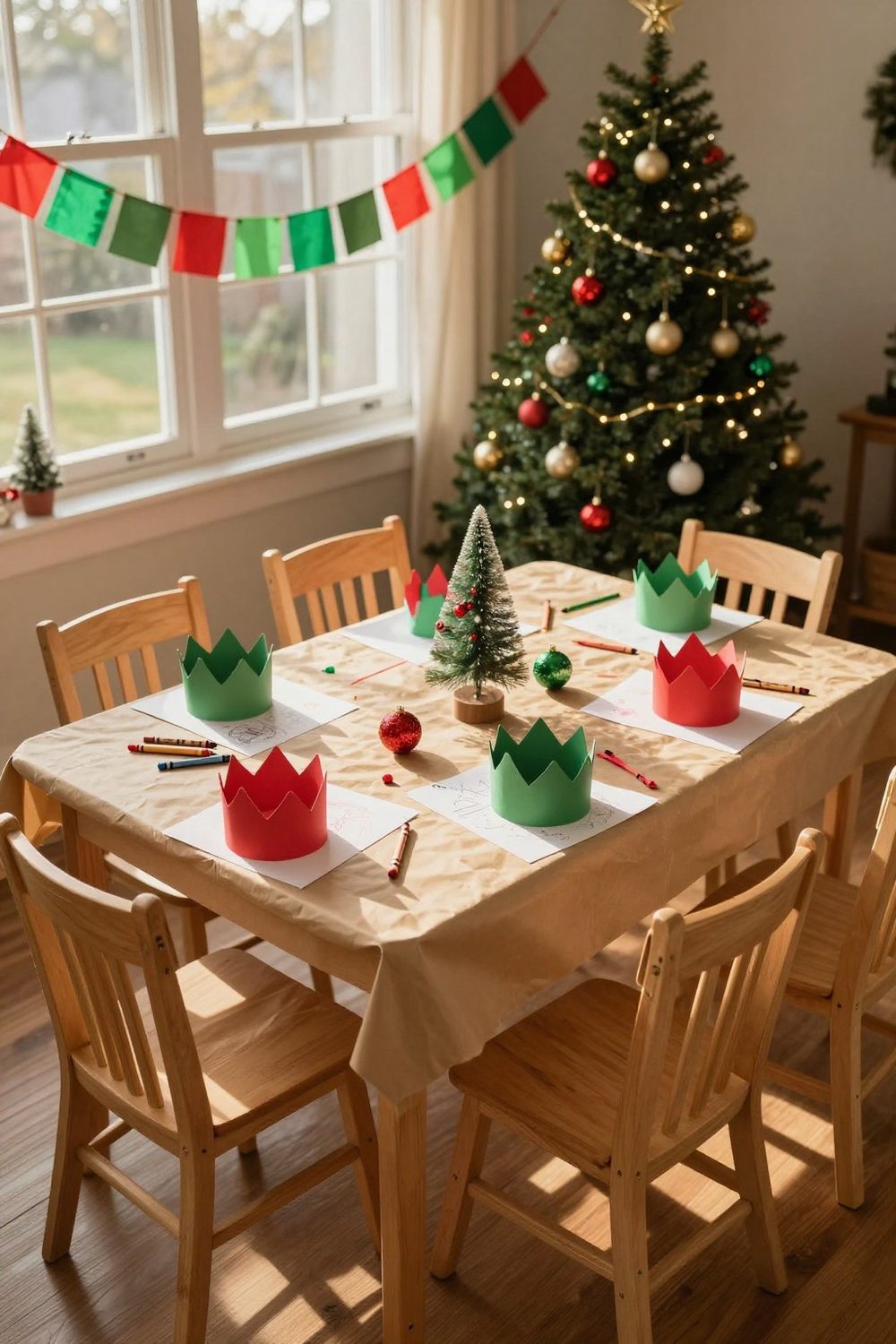 Kids Christmas party table covered with kraft paper, crayons and small craft kits