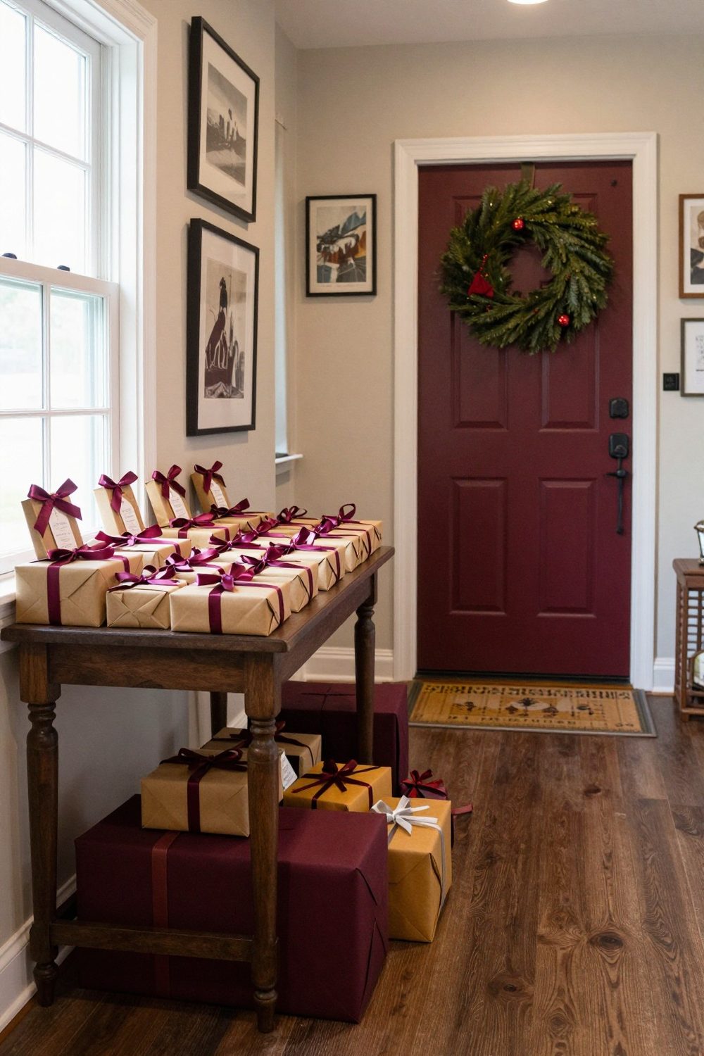 Party favor table with small wrapped gifts tied with ribbon by the front door