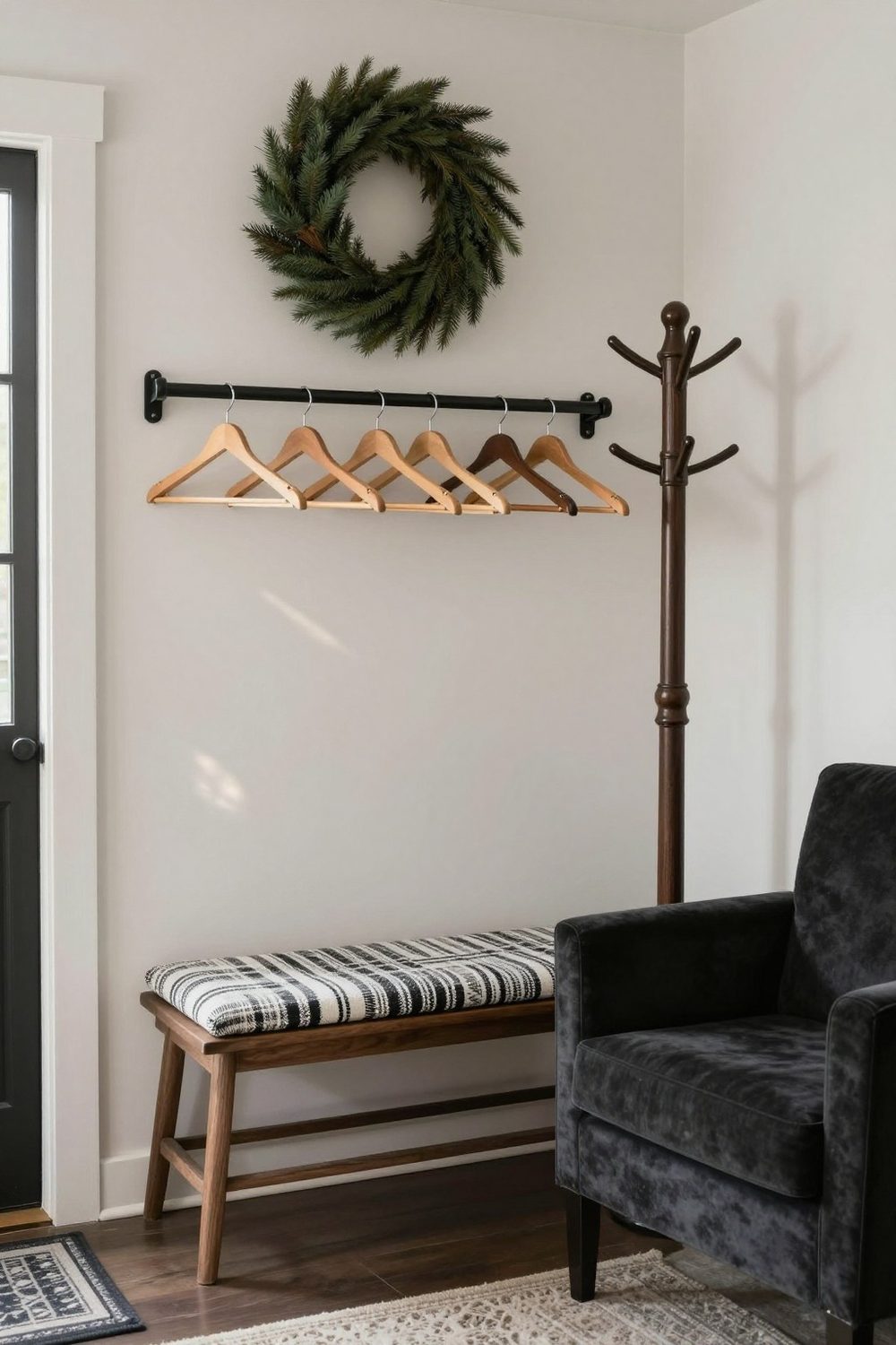 Coat rack and bench in an entry area set up for guest coats with a wreath above