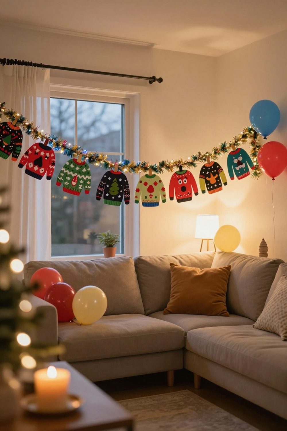 Ugly Christmas sweater party decorations with sweater cutouts and tinsel