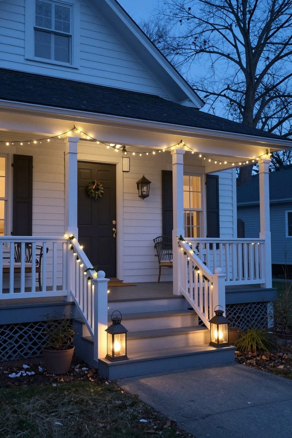 Front porch at night with lanterns and string lights welcoming party guests