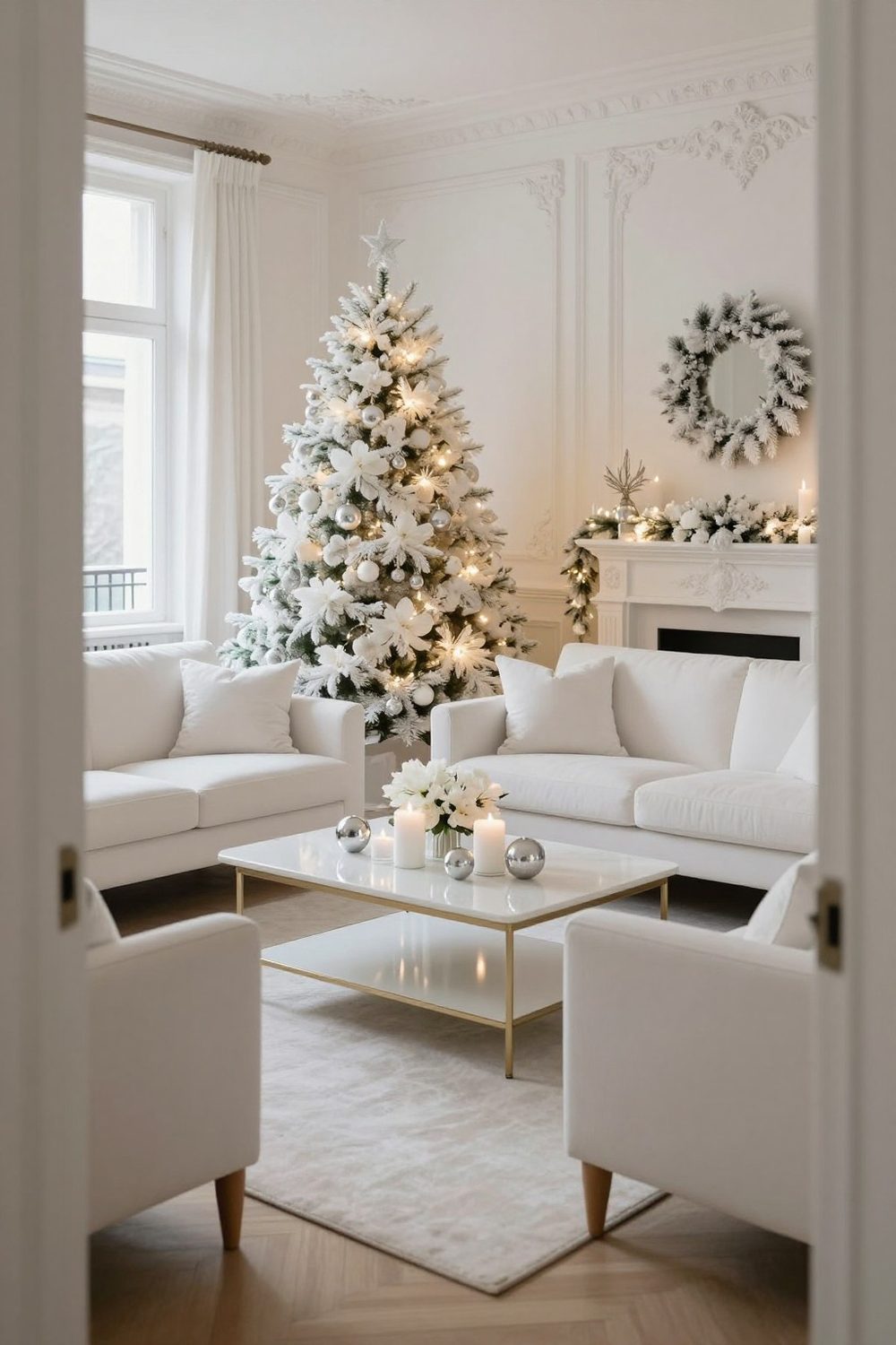 Winter white Christmas party with white flowers, silver ornaments and white candles