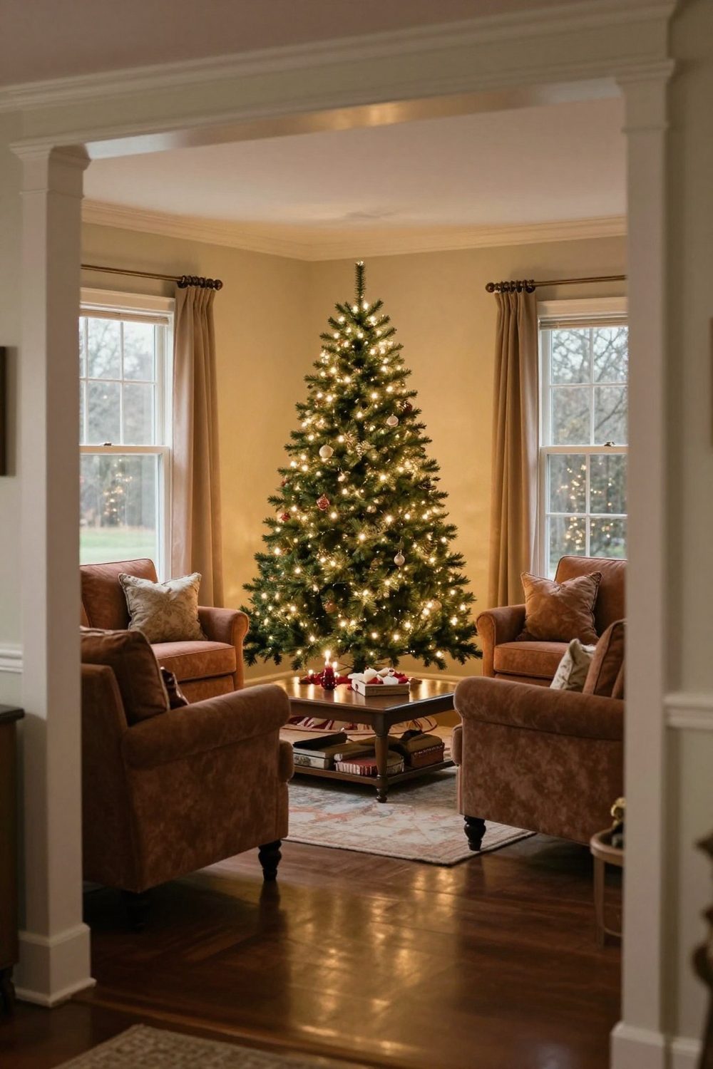 Christmas tree in the corner of a party room glowing with lights as a backdrop