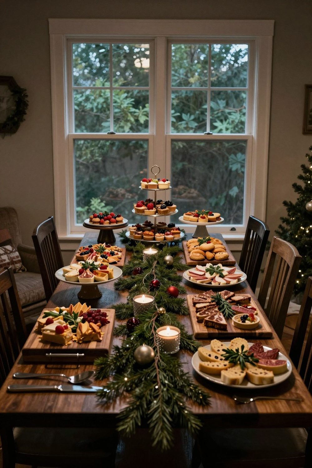 Buffet table with food on wooden boards and greenery runner, cake stands at different heights