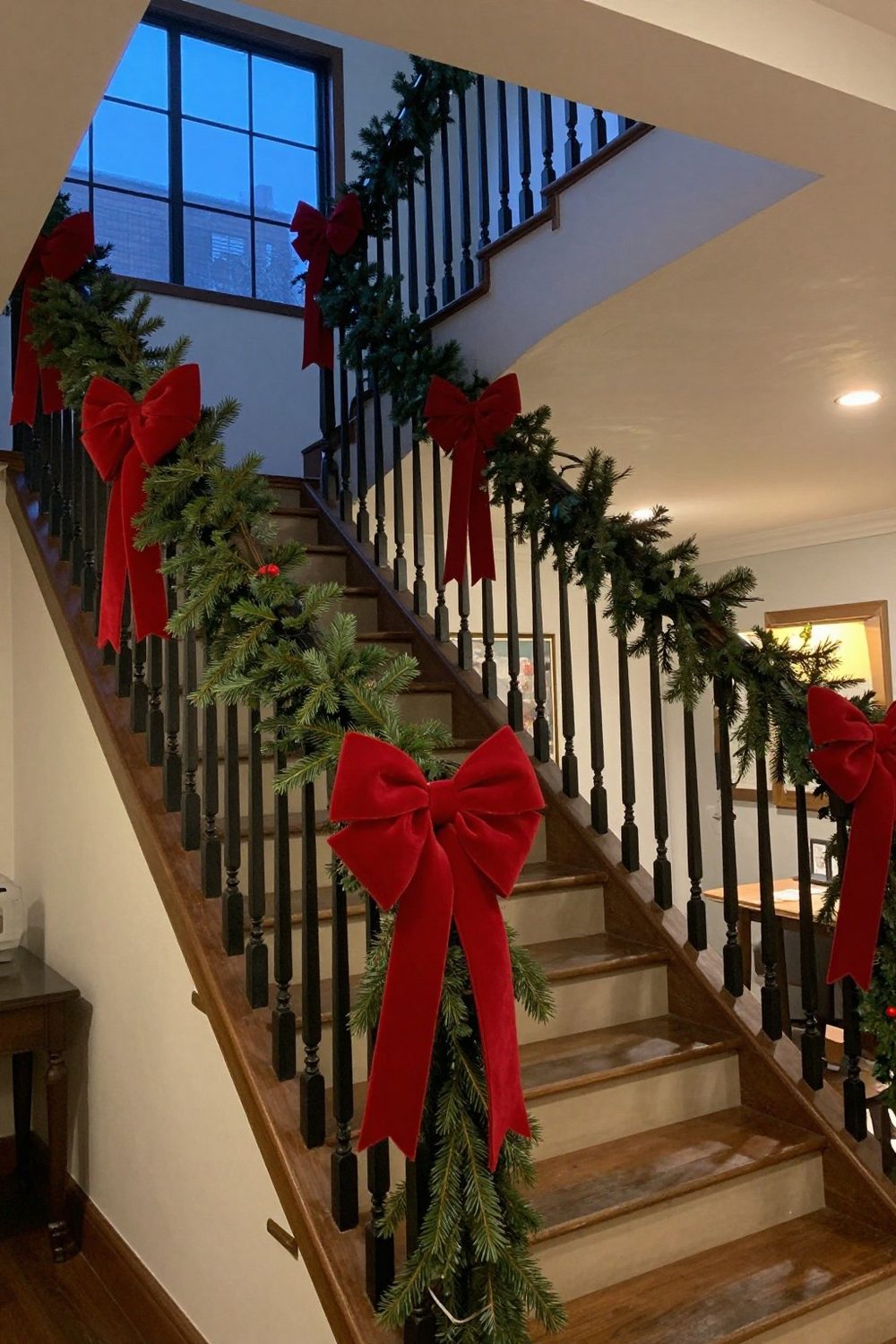 Red ribbon bows tied on stair railings and banisters at a holiday party
