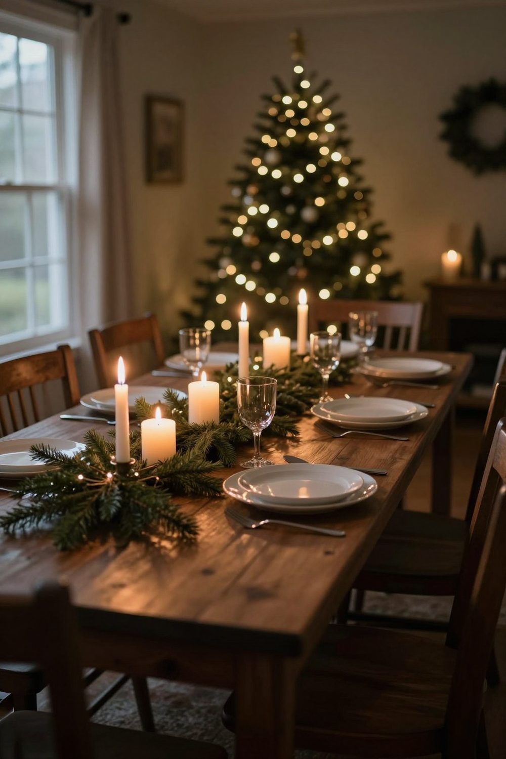 Holiday party table at the end of the evening with battery candles glowing and greenery