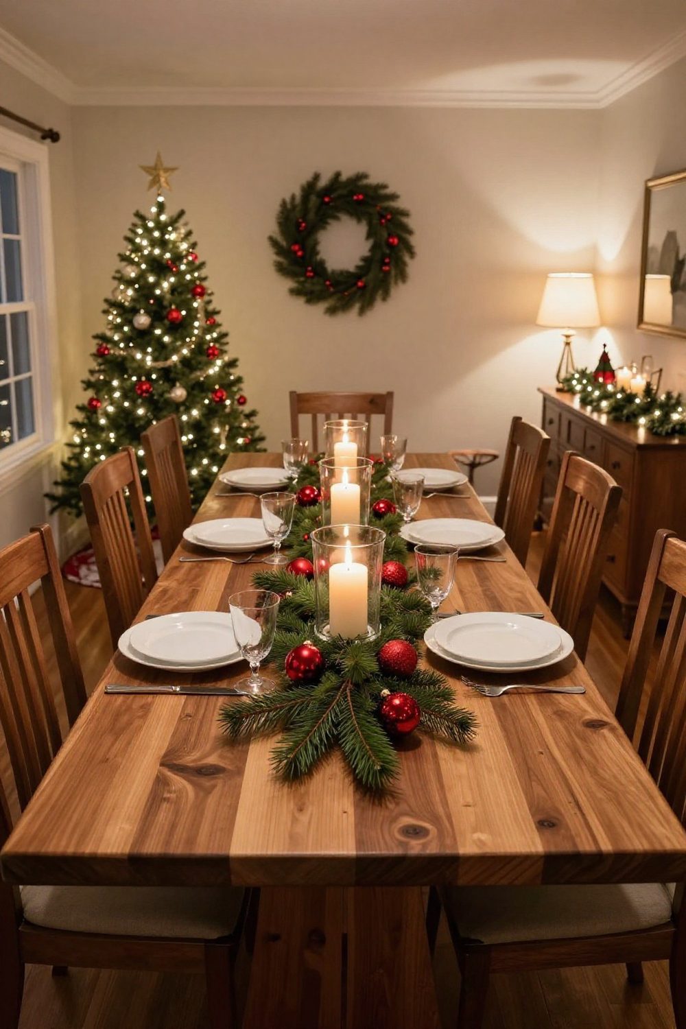 Long Christmas dining table with a low fresh greenery runner, pillar candles in glass hurricanes and red ornaments