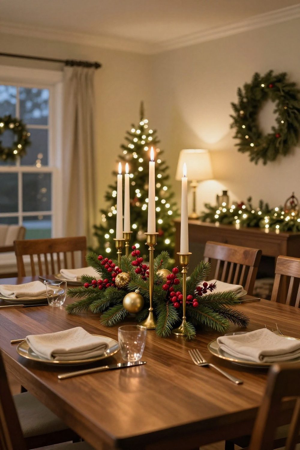 Tall brass candlesticks with taper candles above a low evergreen centerpiece on a dining table