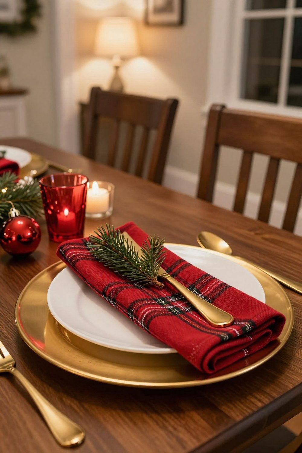 Christmas place setting with a gold charger, white plate, plaid napkin and a small pine sprig