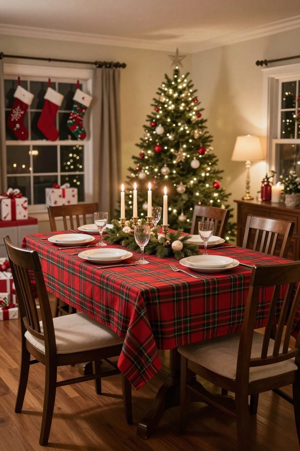 Red and green tartan tablecloth on a Christmas dining table with white dishes