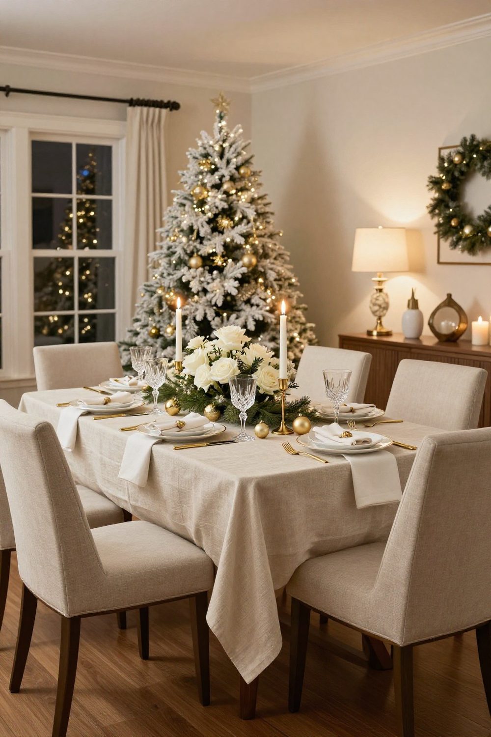 Elegant white and gold Christmas table with ivory linen, gold flatware and white flowers
