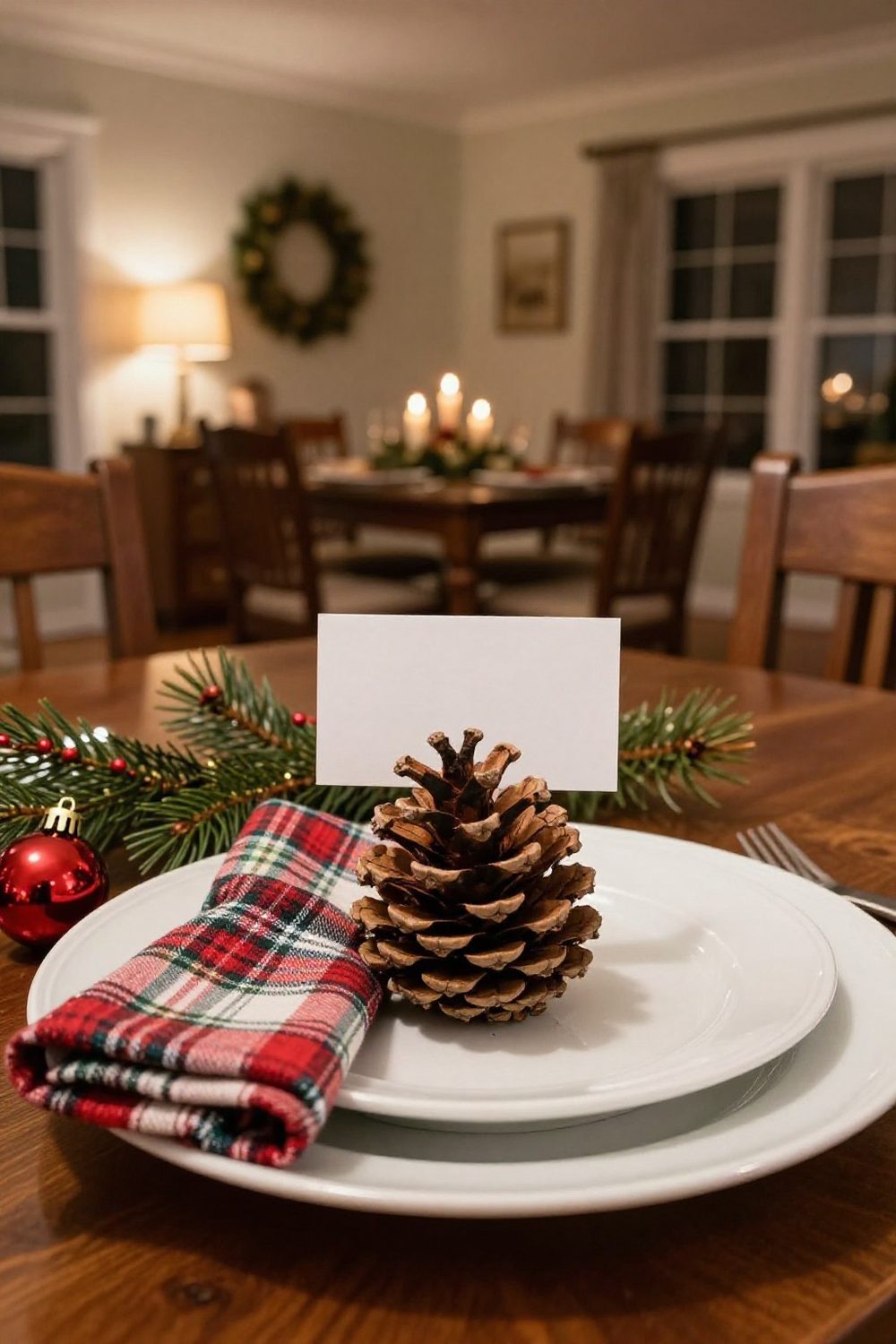 Christmas table place card tied to a pinecone on each plate