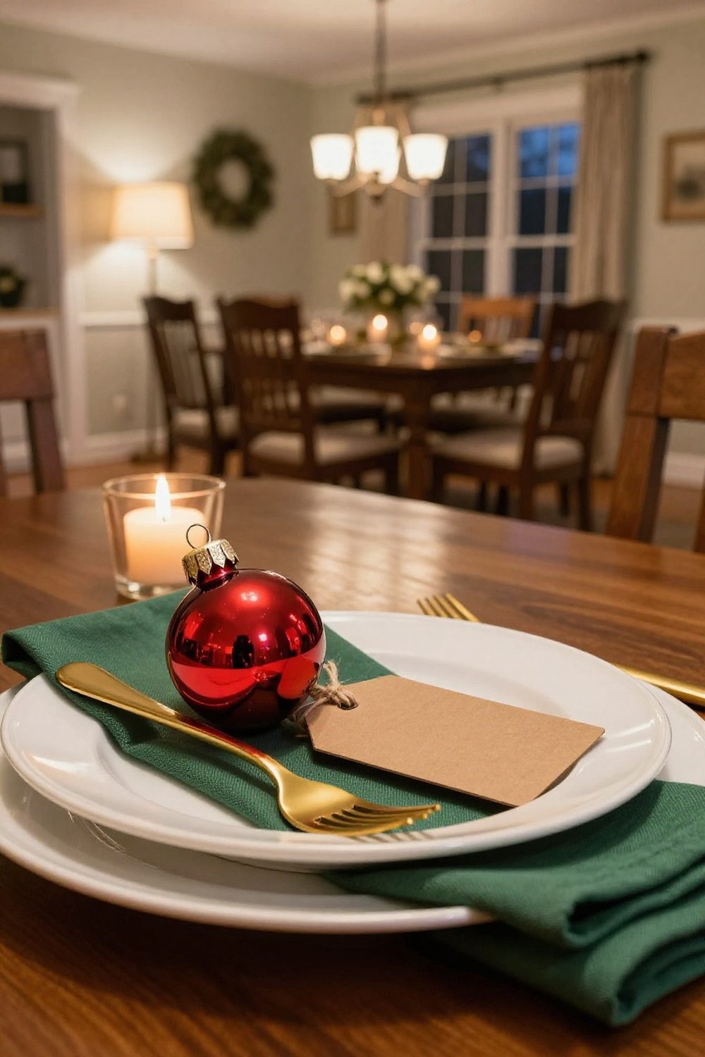 Glass ornament with a handwritten name tag on each Christmas dinner plate