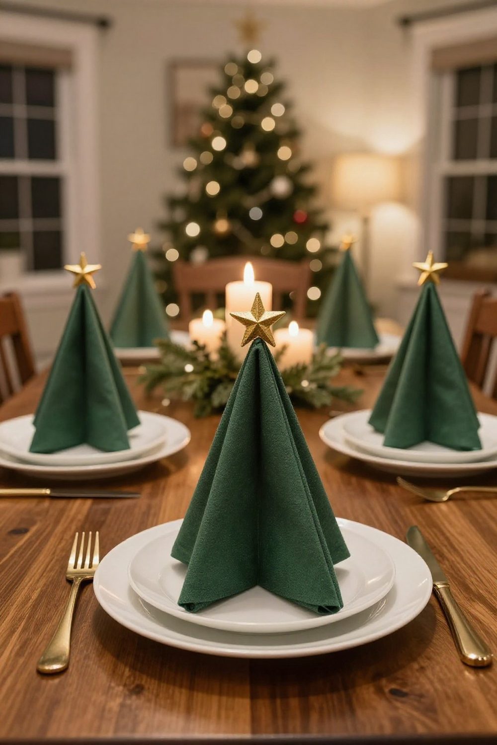 Napkins folded into Christmas tree shapes on dinner plates with a star on top