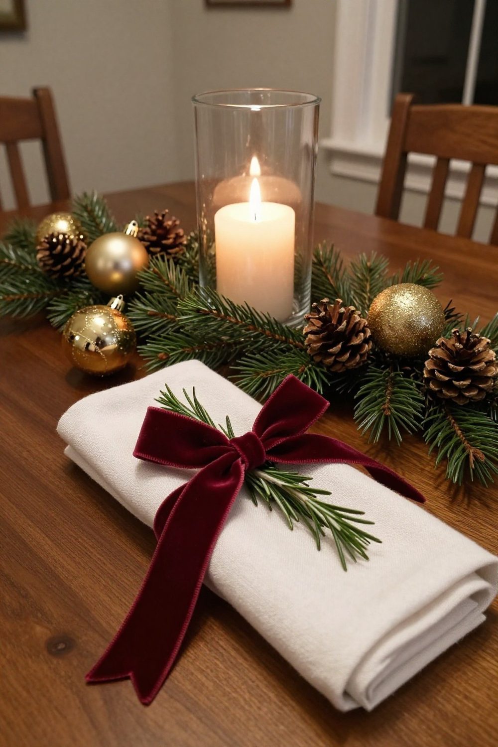 Velvet ribbon tied around rolled napkins with a sprig of rosemary on a Christmas table
