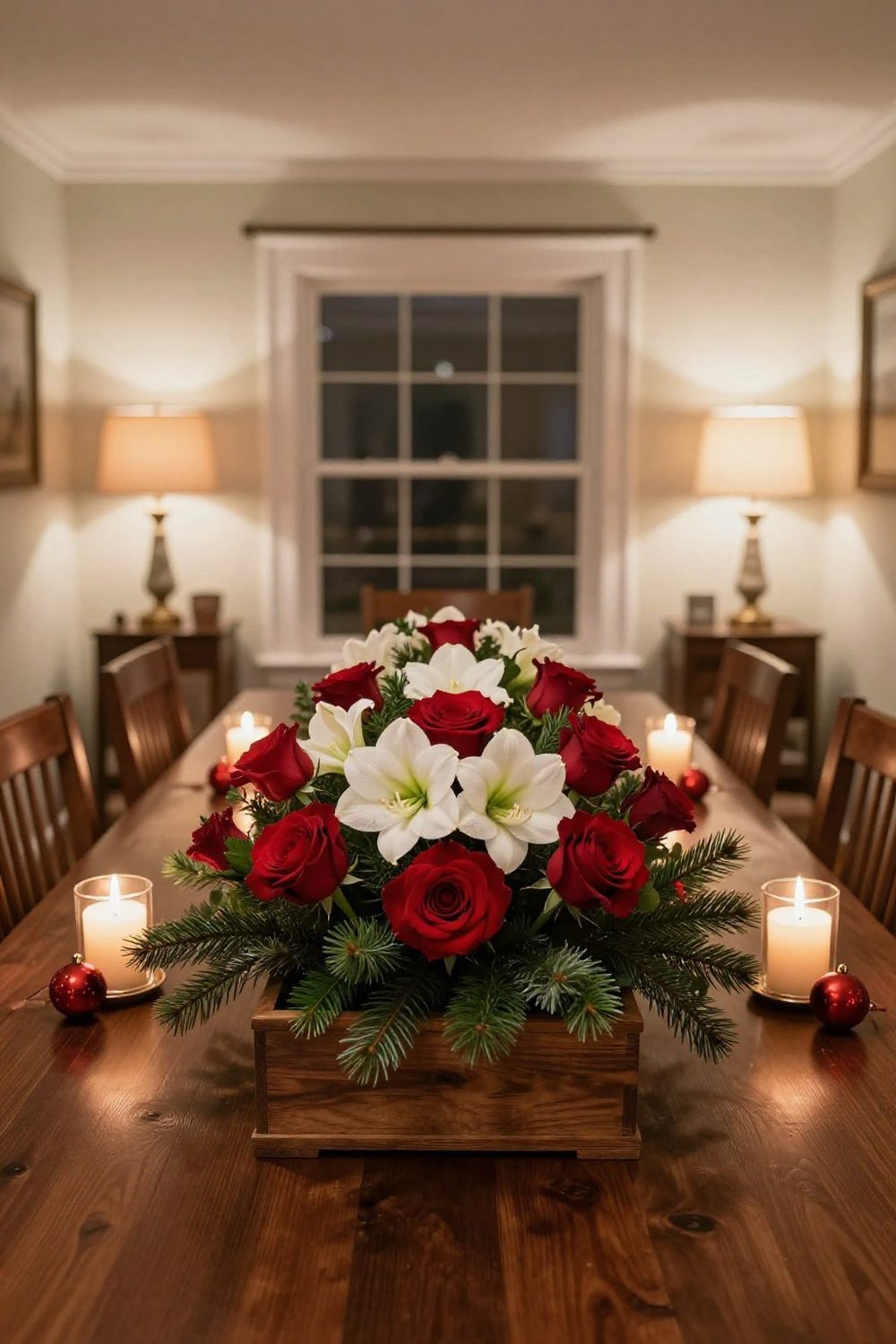 Low Christmas centerpiece of red roses, white amaryllis and pine in a wooden box