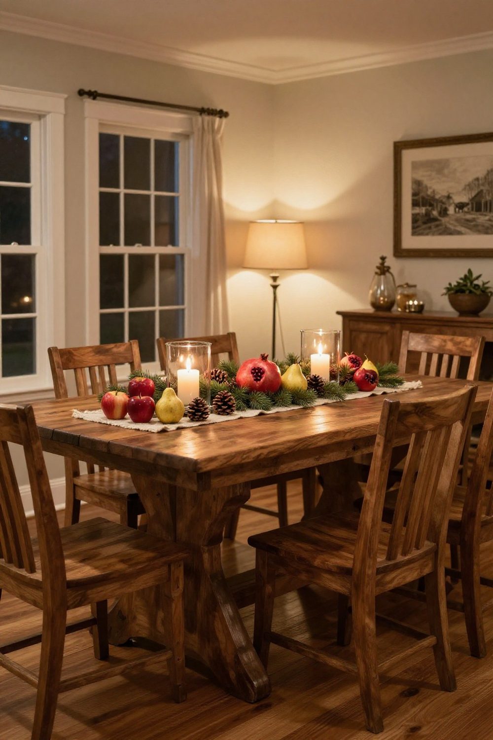 Cluster of red apples, pears and pomegranates with pine on a rustic Christmas table