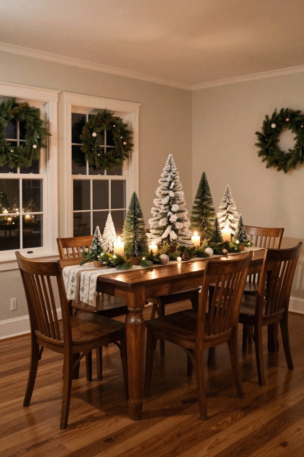 Small bottle-brush trees and mini wreaths grouped along a Christmas table runner