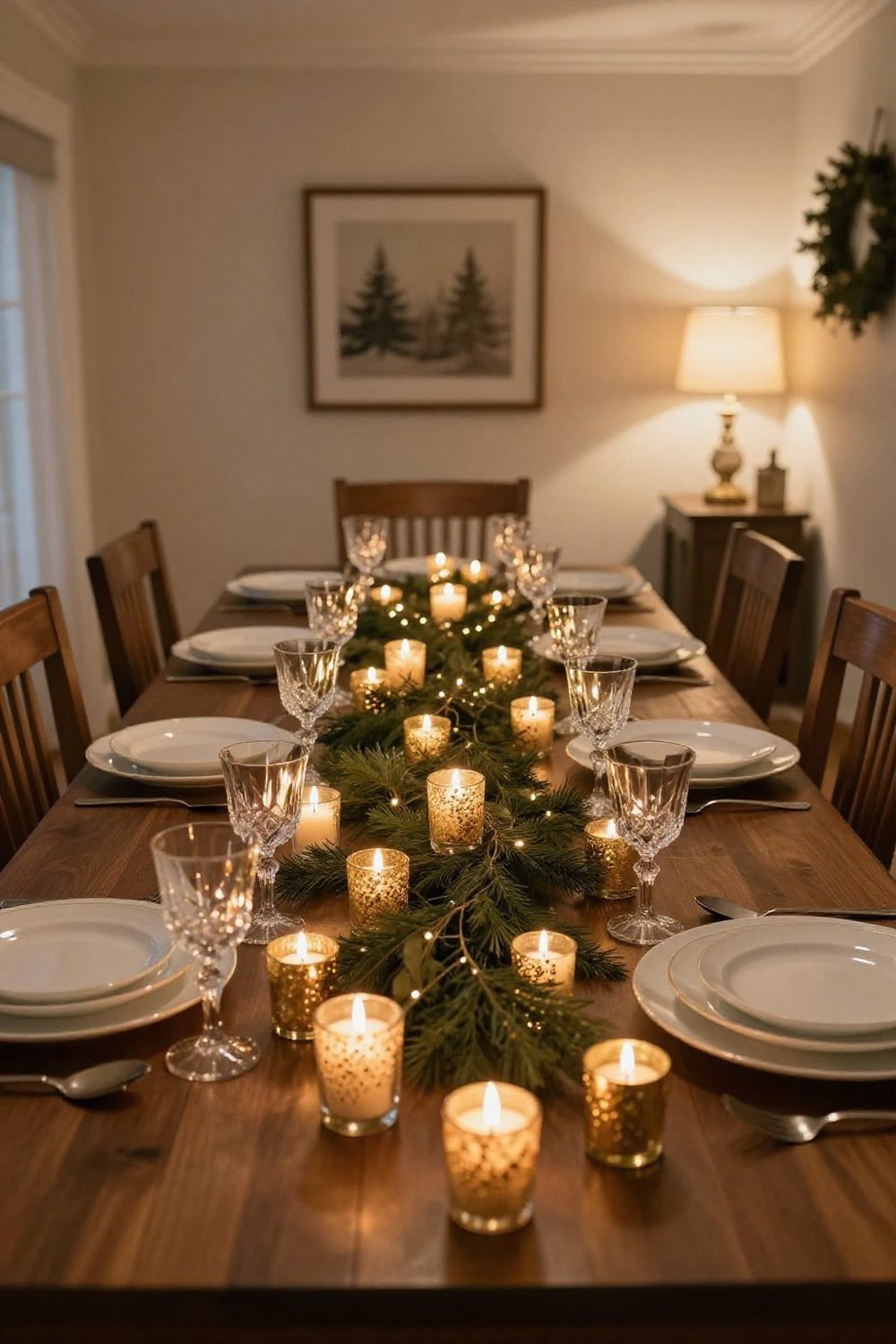 Gold mercury glass votive candles scattered along a Christmas dinner table