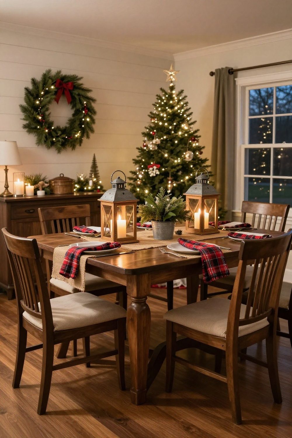Farmhouse Christmas table with burlap runner, wooden lanterns and galvanized buckets of greenery