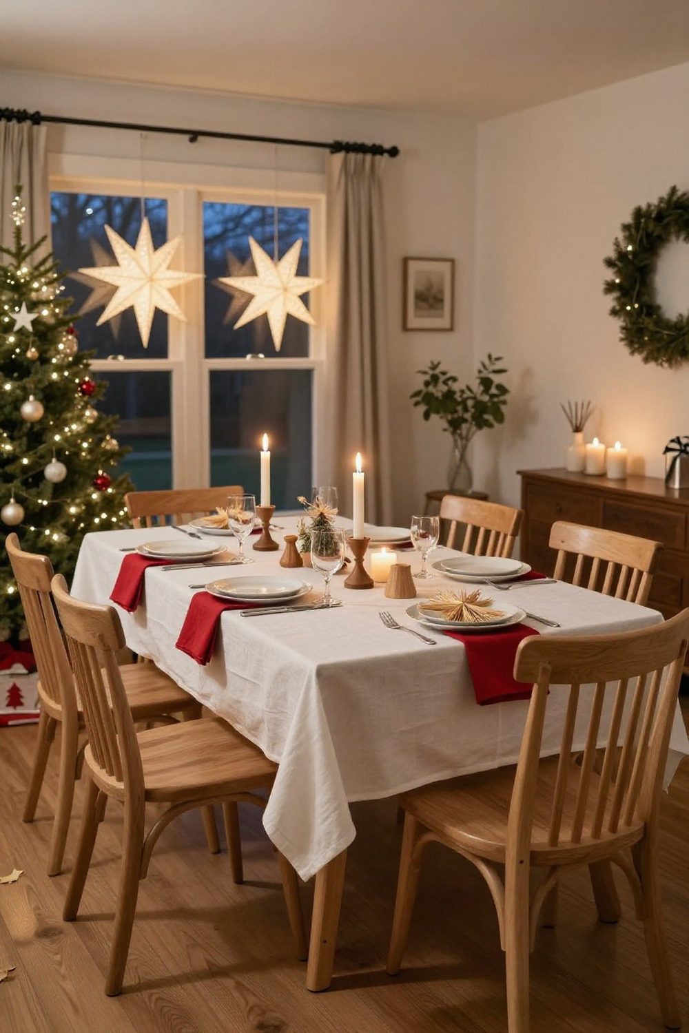 Scandinavian Christmas table with white linen, straw stars, red napkins and wooden candle holders