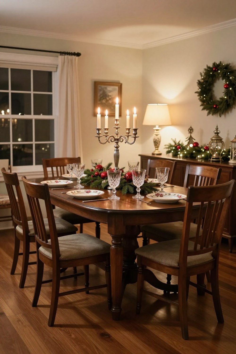 Vintage Christmas table with antique china, crystal glasses and silver candelabra