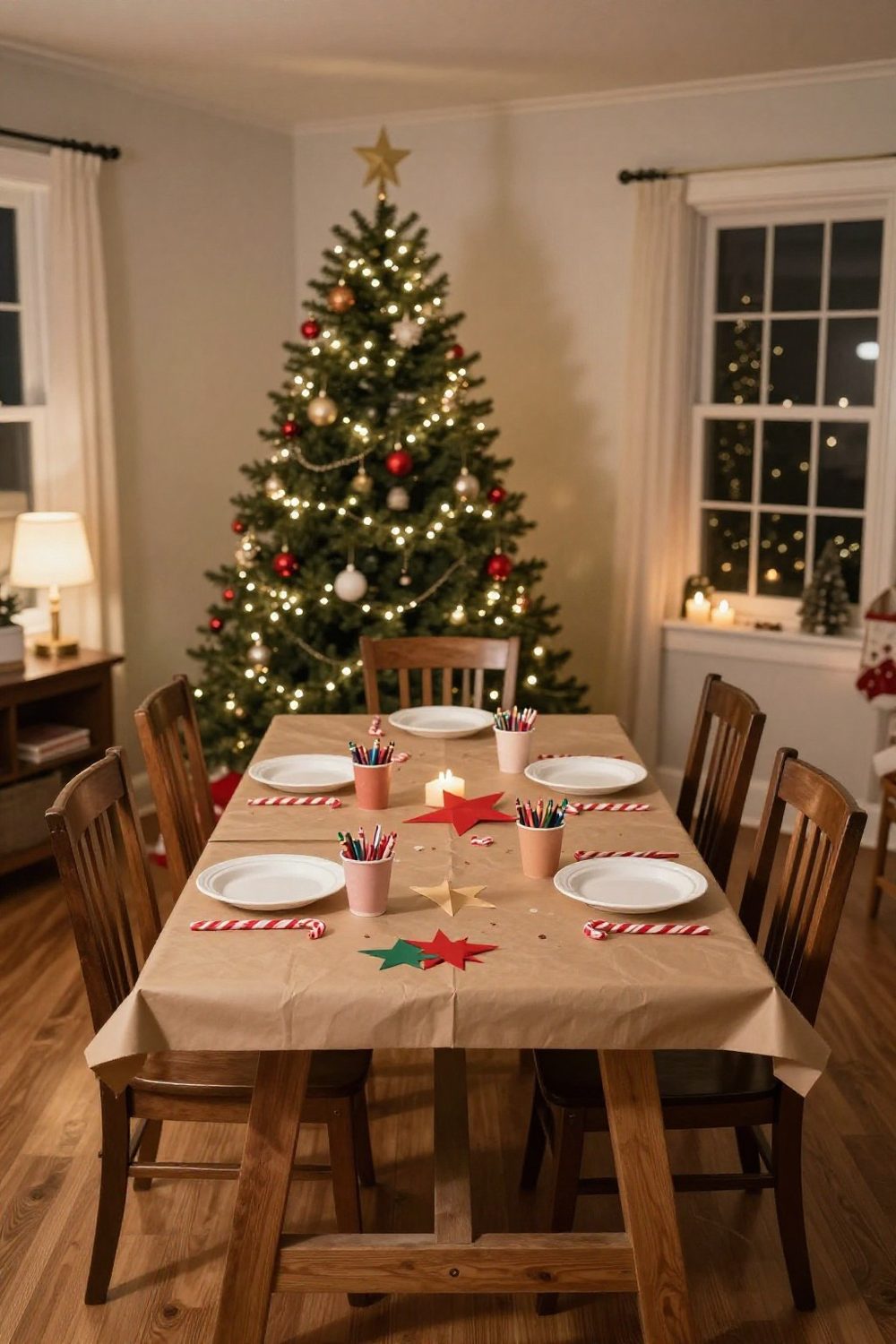 Christmas kids' table with kraft paper tablecloth, crayons and paper stars