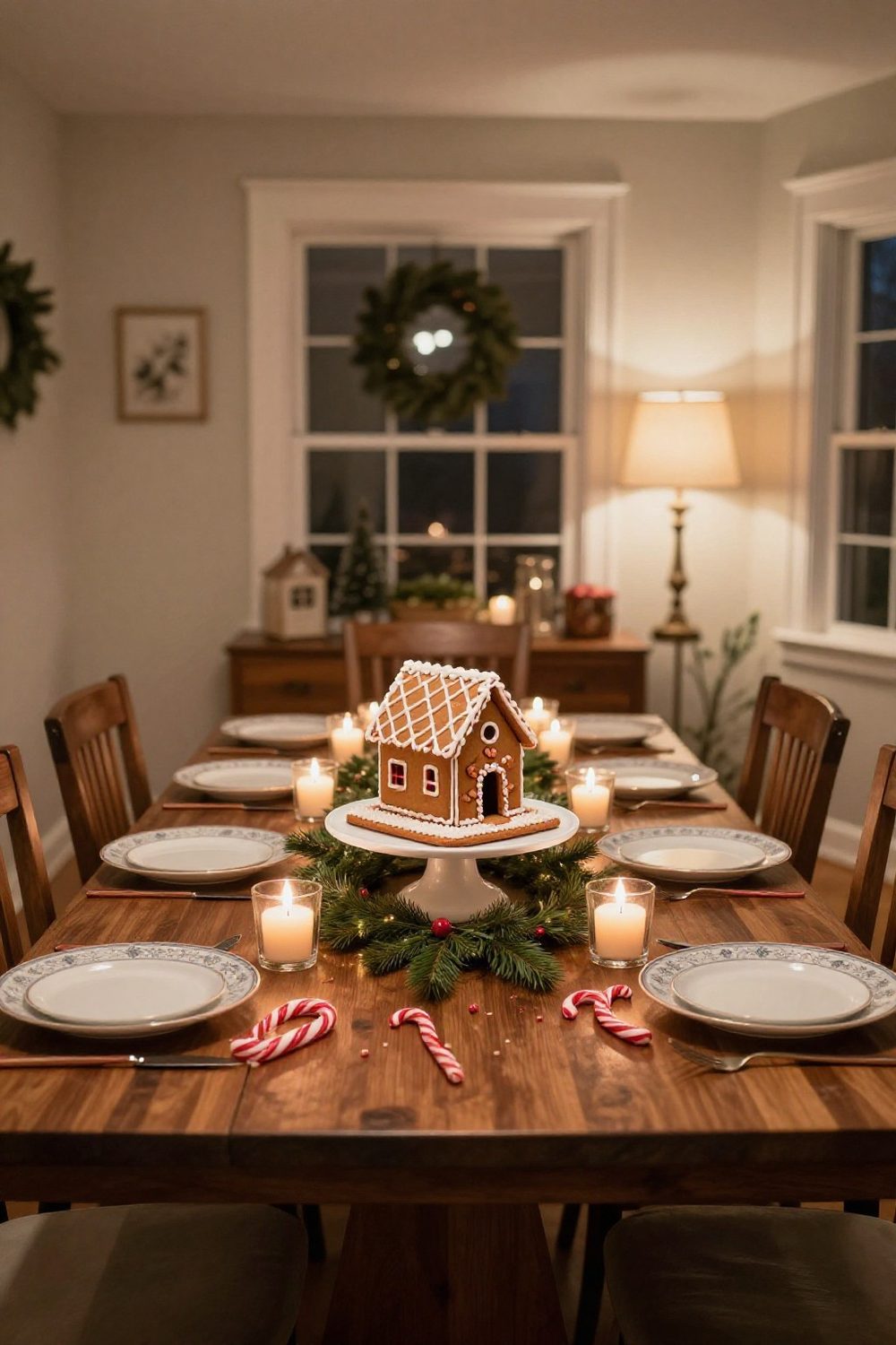 Gingerbread house centerpiece surrounded by candy canes on a Christmas table