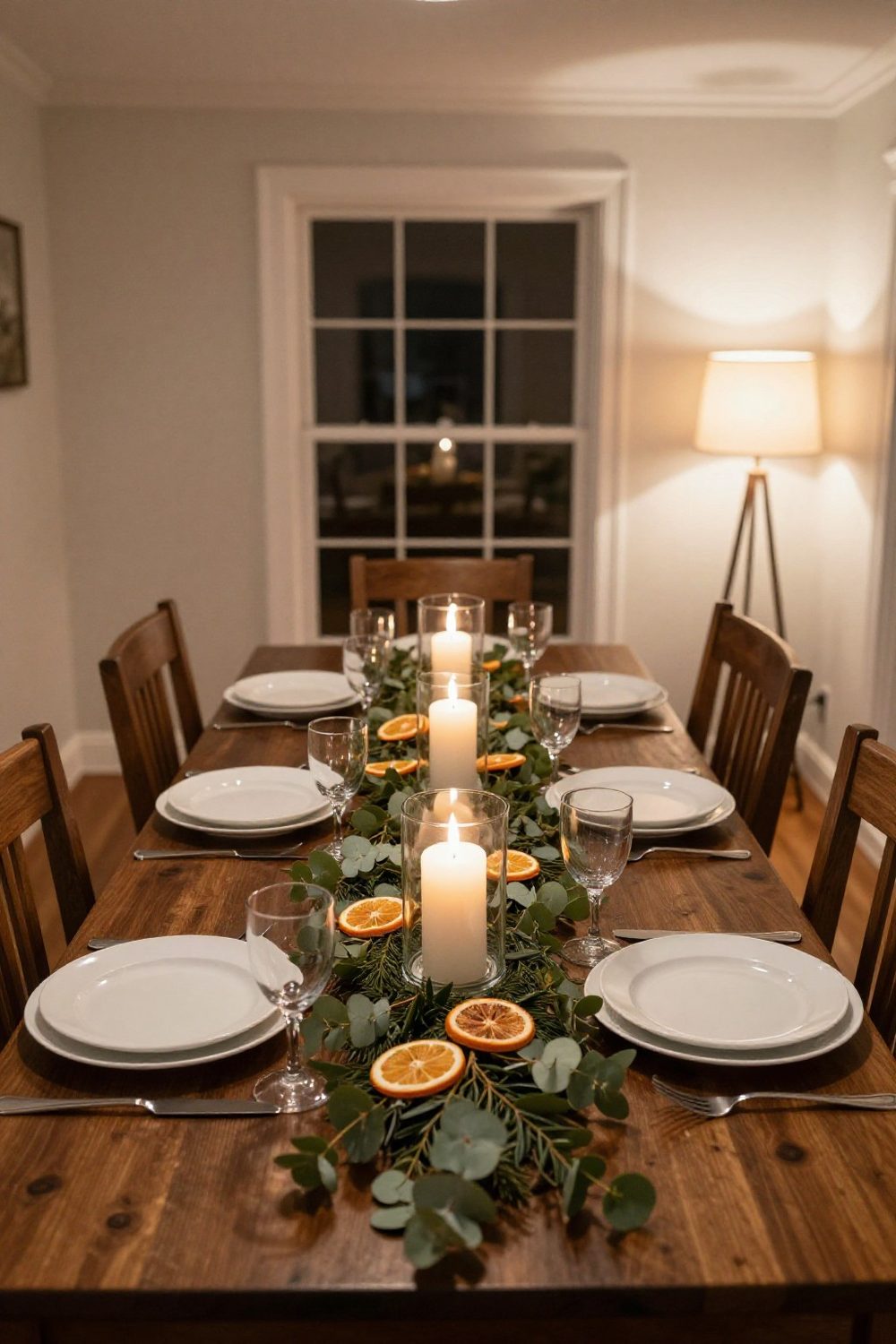 Christmas table with a eucalyptus garland and dried orange slices running down the center