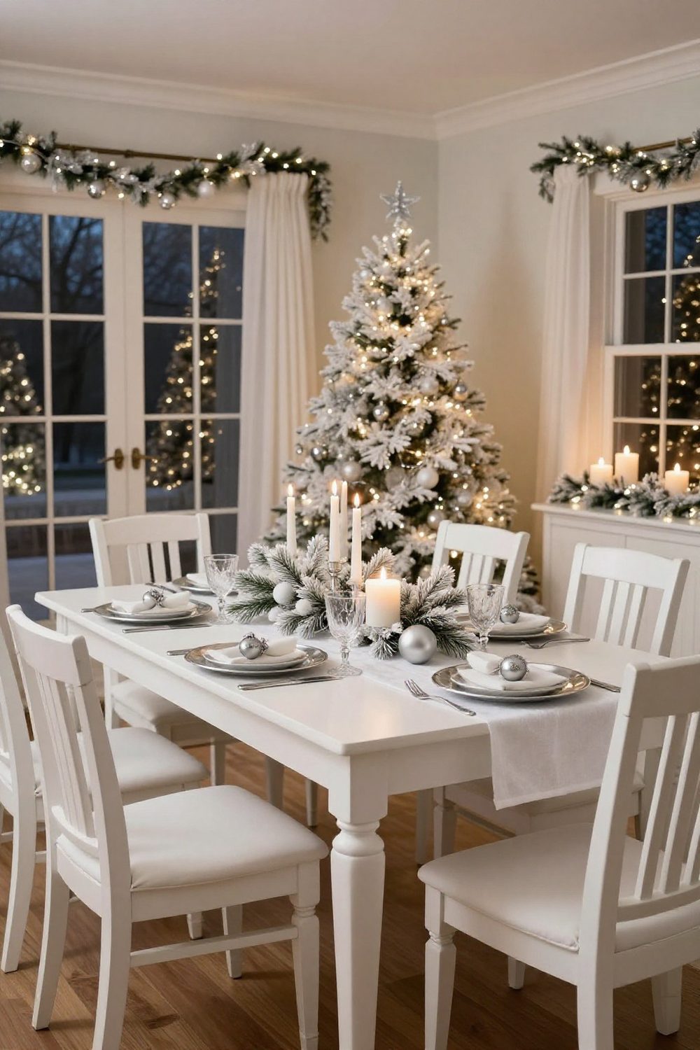 Dining table set with a white runner, silver chargers and frosted pine branches for a winter look