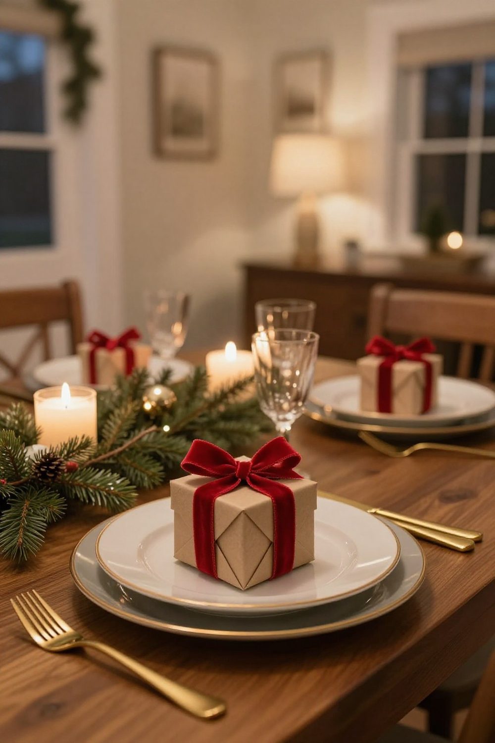 Small wrapped gift box at each Christmas place setting tied with ribbon