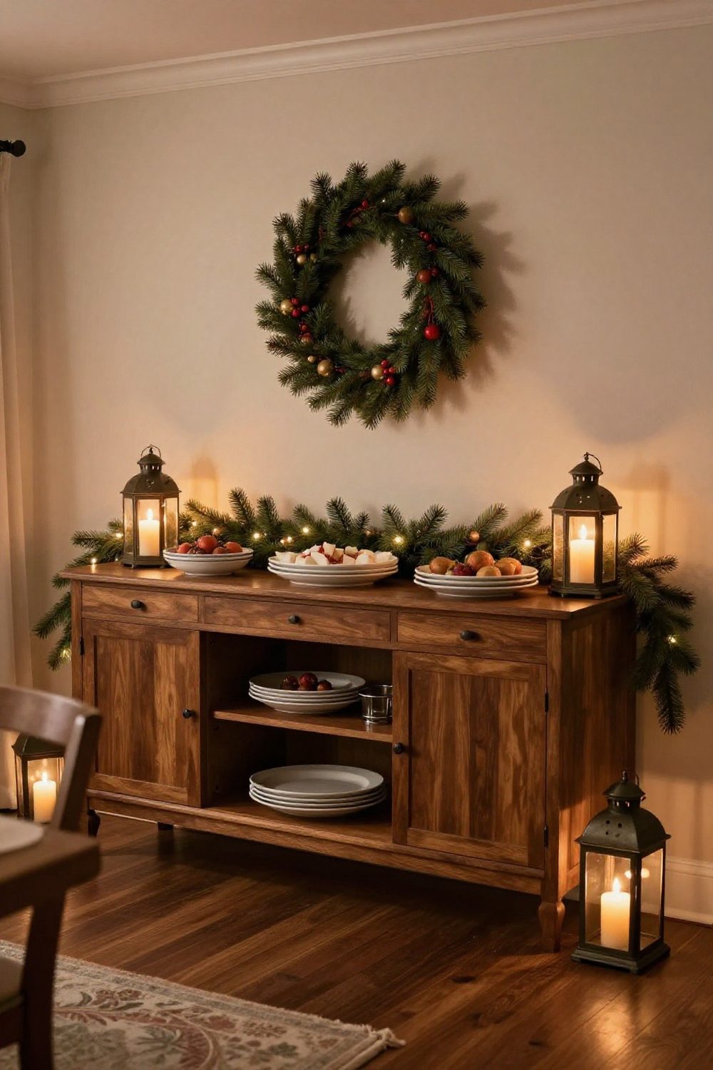 Sideboard set as a Christmas buffet with garland, lanterns and serving dishes