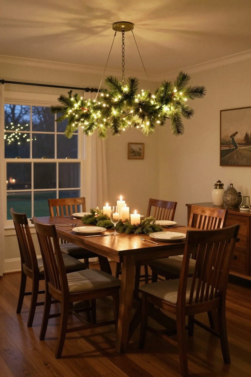 Christmas table with a hanging pine garland and string lights above the dining table