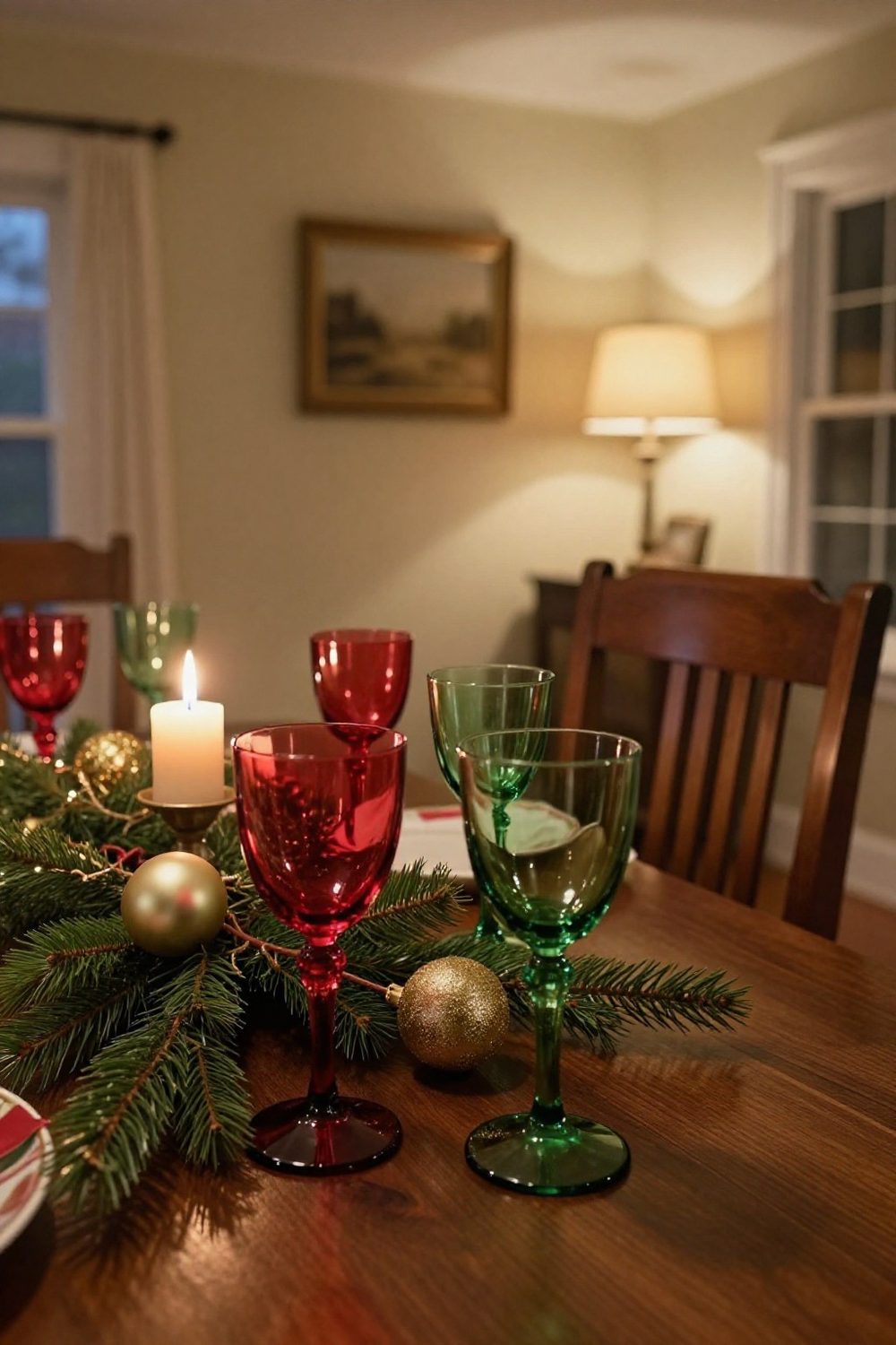 Mismatched vintage glasses with red and green tones on a Christmas dinner table