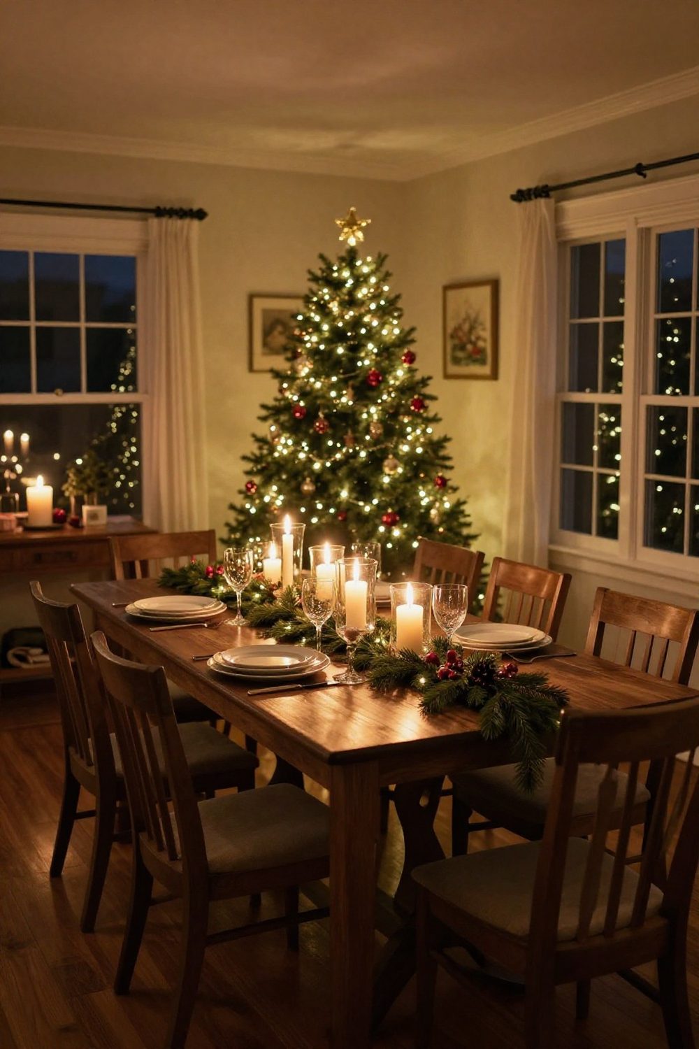 Christmas dinner table at night lit by candles in hurricanes and warm string lights