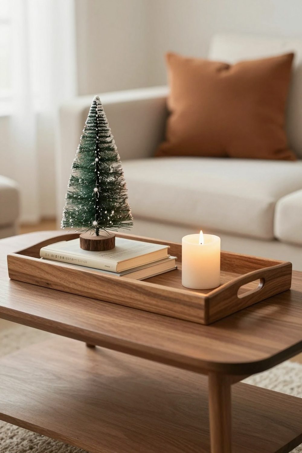 Wooden tray on a coffee table with a small Christmas tree, a stack of books and a battery candle